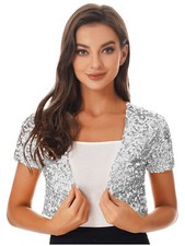 Women Glitter Sequin Short Sleeve Shawl Open Front Bolero Shrug Jacket Cardigan 