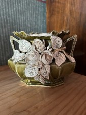 Capodimonte Style Porcelain Flower Basket With Applique White Roses, Green Glaze