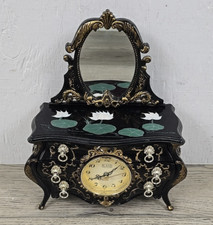 Vtg Eleco Black w/ Gold Accent Lily Pad Theme Musical Jewelry Box w/Mirror Works