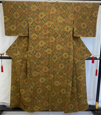 Japanese Vintage Kimono Silk Brown Komon No Lining Traditional Length 60 in