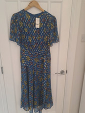 BNWT LK Bennett Eve Blue Print Silk Dress Size 10 Midi Short Sleeve A-Line