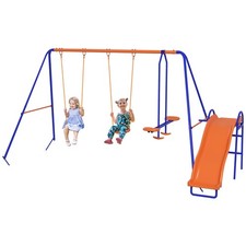 Outsunny 4 in 1 Metal Kids Swing Set w/ Double Swings, Glider, Slide, Ladder