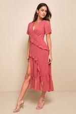 Lulus Next to You Dusty Rose Swiss Dot Ruffled Midi Dress size Large