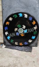 14" black marble coffee table top round elephant design inlay kitchen decor
