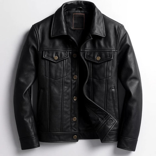 Men black leather jacket - black,