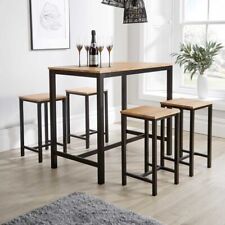 Kitchen Dining Breakfast Bar Set Wooden Table Black Metal Frame with 4 Barstools