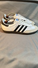 Adidas Samba OG UK 10 White Gum Sole Black Striped Leather Suede - Slip On Laces
