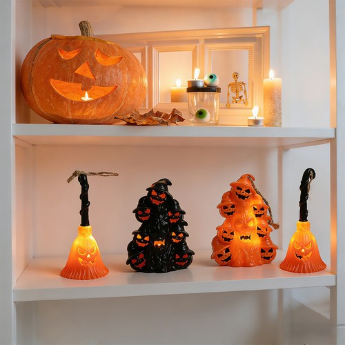 Led pumpkin witch broom candle - led,