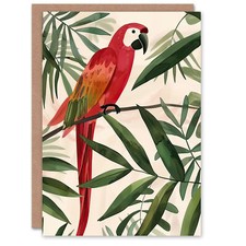 Greeting Card Scarlet Macaw Parrot on Tropical Tree Branch Birthday
