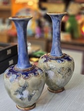Pair of Royal Doulton Antique Baluster Long Neck Vases c1900s Art Nouveau Shape