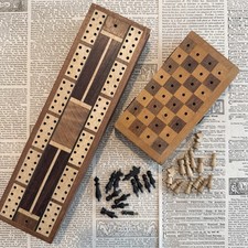 Vintage Wooden Triple-lane Cribbage Board & Travel Chess