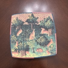 Caccia Italian Ceramic Square Plate W/ Rabbits Made In Italy 8.5x8.5 Renaissance