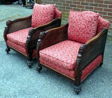 Pair Victorian antique bergère armchairs double caned carved female term arms