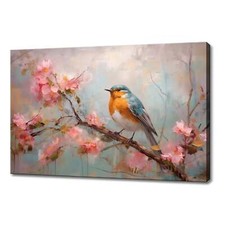 Beautiful Robin Bird Sitting On Pink Cherry Blossom Tree Canvas Print Art