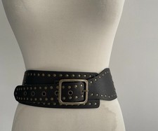 Vintage Y2K Obi Belt Faux Brown Leather Sz M Wide Studded Brass Toned Embellish