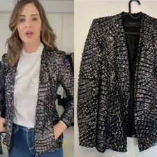 ZARA Sequin Blazer Jacket Silver Black Trinny Size Small S Uk 6 8 Occasion Smart