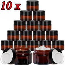 10x 60ml Empty Round Cosmetic Glass Jar Tinted Brown Lids Lotions Container