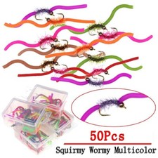 50Pcs Brass Bead Head Squirmy Wormy Fly Trout Fishing Lures Nymph Worm Baits