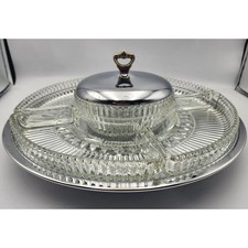 Vintage Divided Glass Relish Condiment Lazy Susan Server Set Chrome Lid