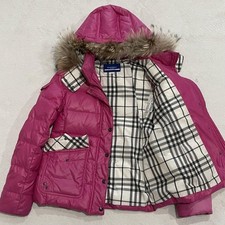 Burberry Blue Label Pink Down Jacket Nova Check Size M Removable Hood Fur