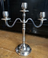 Large Antique Style Silver Tone Metal 3 Sconce Candelabra - 13” (34.5cm) Tall