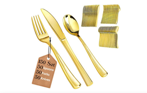 Gold plastic cutlery set - plastic, 150