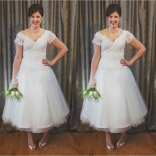Tea Length Wedding Dresses Elegant A Line Vintage V Neck Ivory Bridal Gowns