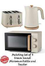 Kettle Toaster Microwave Kitchen Set Cream Wood Textured Scandi Stylish Esential
