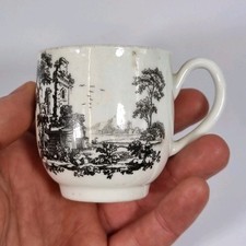 Antique 18thC Worcester Coffee Cup Printed Landscapes 5.8cm High