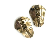 Signed ERMANI BULATTI Gold Tone Art Deco Style Fan Clip Earrings 1980s