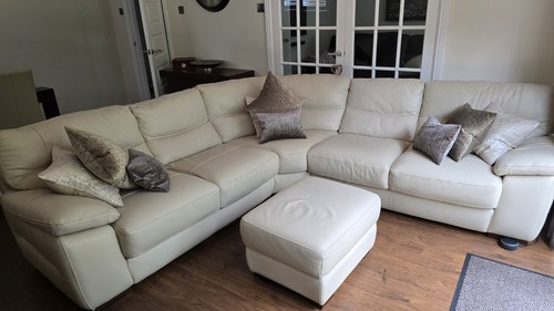 Beige leather corner sofa - beige,