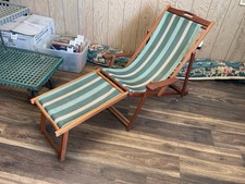 Vintage Wood & Canvas Folding Deck Steamer Chair with Matching Foot Rest MCM