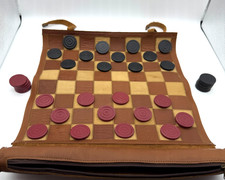 Vintage Leather Roll Up Travel Checkers Or Chess Set Board Stamped Pieces 