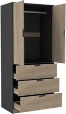 Modern 2 Door 3 Drawer Wardrobe Oak Black Hanging Rail Bedroom Storage