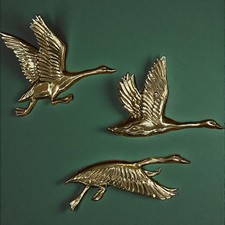 MCM Solid Brass Flying Ducks Geese Wall Art Vtg Set Of 3 Hanging Decor