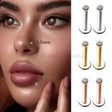 1.5MM Diamond CZ Round Surgical Stainless Steel Labret Nose Bar Stud Piercing 2x