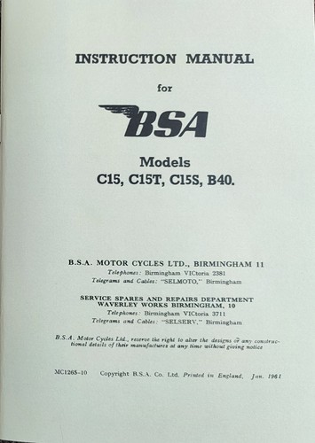 Bsa c15 b40 motorcycle - b40, manual