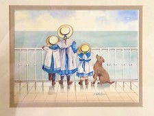 Faye Whittaker THREE SISTERS FRIENDS AT THE BEACH SEASIDE With DOG PRINT FRAMED