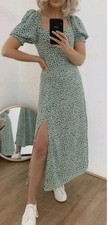 H&M Green Floral Midi Thigh Split Tea Dress 14 Bnwt