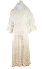 Vintage Boho Off White Wedding Dress Sheer Embroidered Sleeves & Veil Size L
