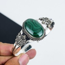 925 Sterling Silver Green Malachite Gemstone Handmade Jewelry Cuff Bracelet ADJ