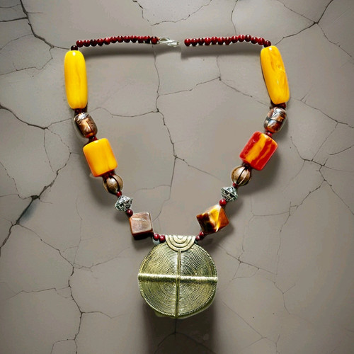 African brass amulet - brass, beaded