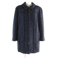 CHANEL coat Tweed with leather logo buttons Navy system wool Women 46 02A P19979