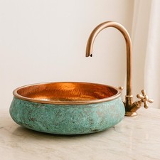 Handmade Oxidized Copper Vessel Sink, Green Patina Rustic Farmhouse Bathroom sin