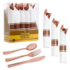 Rose Gold Plastic Cutlery Set - 10 Packs Rolled & Wrapped in Napkin