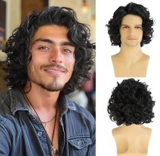 Mens Short Curly Black Wig Synthetic Wigs Halloween Cosplay Costume Hair Wig