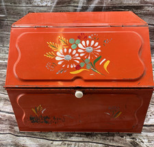 Vintage Ransburg Bread Box Pie Safe Vented 2 Door Shelf Orange Red Daisy Metal