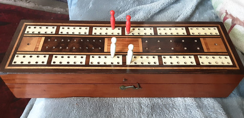 Antique cribbage board inlaid - antique,