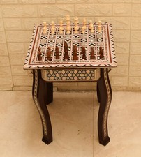 Chess Game Table, 16" Square Mother of Pearl Inlay Coffee Side Table, Board Game