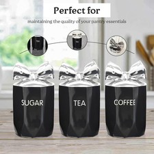 Tea Coffee Sugar Jar Black Chrome Bow Storage Set Ceramic Air Tight Canisters UK